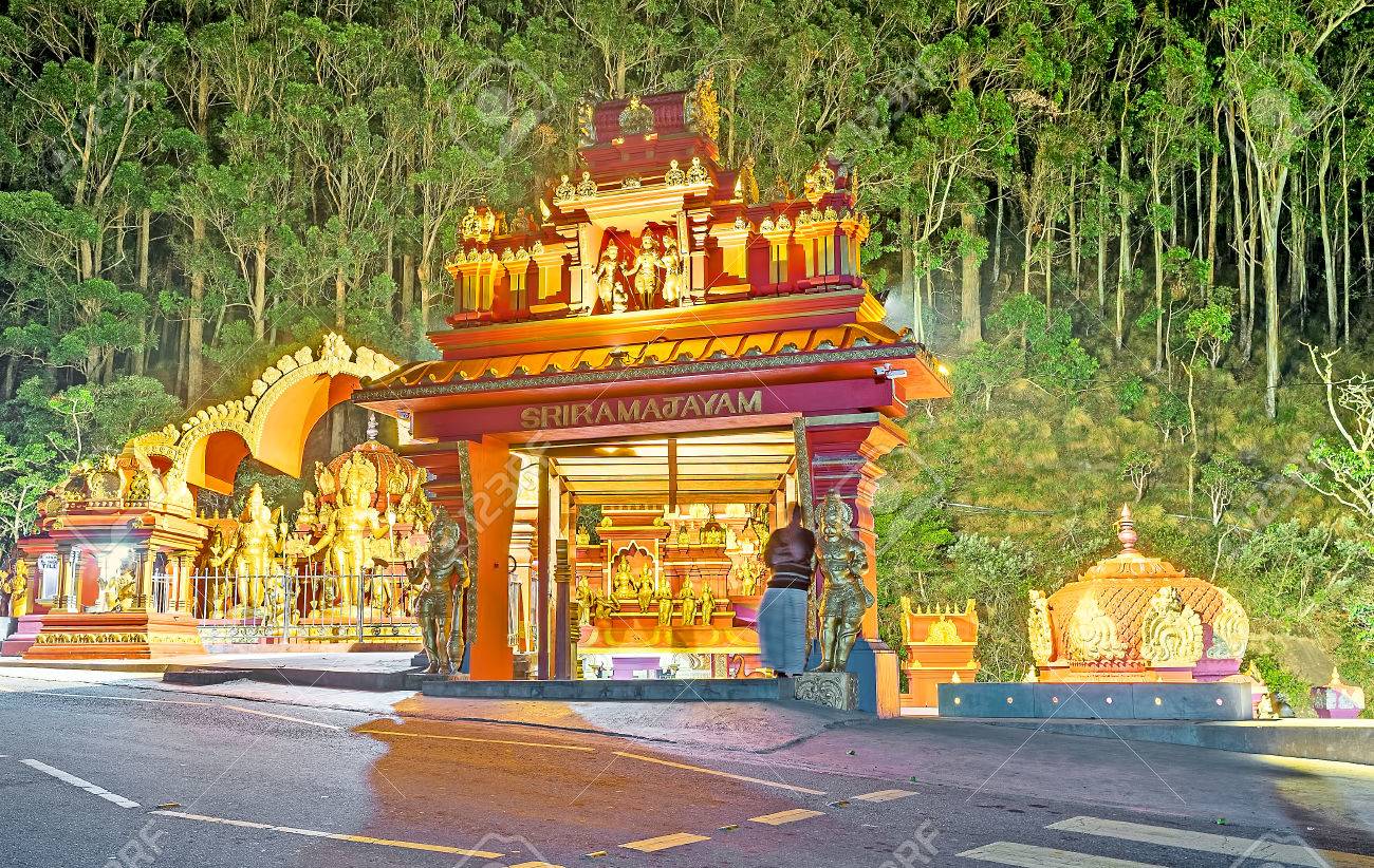 NUWARA ELIYA, SRI LANKA- NOVEMBER 29, 2016: The entrance gate to the Seetha Amman Temple with Tmple's shrines and towers on background, on November 29 in Nuwara Eliya.